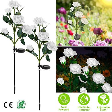 2Pcs Solar Rose Flower Lights, Waterproof LED Decorative Pathway Stake Lamps for Garden & Patio