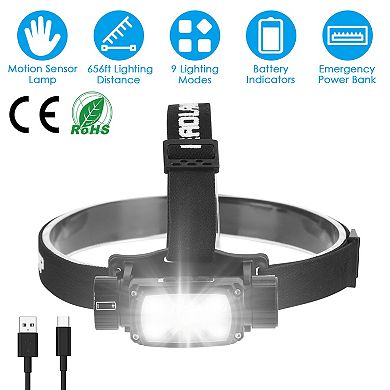 Rechargeable Motion Sensor Headlamp, 9-Mode LED with Hand Wave Control & Phone Charging for Camping,