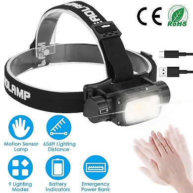 Rechargeable Motion Sensor Headlamp, 9-Mode LED with Hand Wave Control & Phone Charging for Camping,