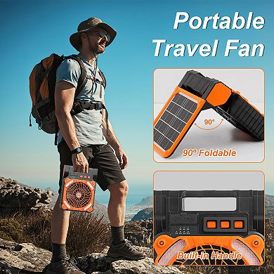 Solar Camping Fan with LED Lantern, 5200mAh Rechargeable Tent Fan with 4 Speeds, 3 Light Modes & Tim