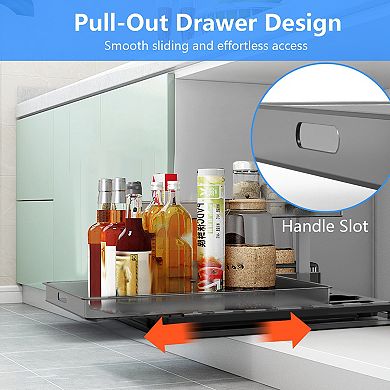 2-Tier Pull-Out Under Sink Organizer with Sliding Drawer, L-Shaped Storage Shelves for Cabinet