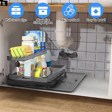 2-Tier Pull-Out Under Sink Organizer with Sliding Drawer, L-Shaped Storage Shelves for Cabinet