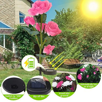 2Pcs Solar Rose Flower Lights Outdoor LED Garden Stake Lamps Waterproof for Yard, Patio, Path