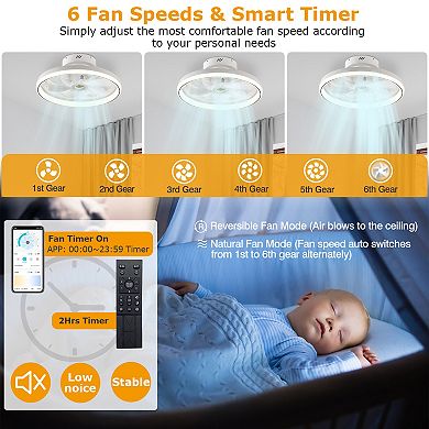 19.7" LED Ceiling Fan with 60W Light, Round Pendant Lamp, 6 Speeds, Color Adjustment, Remote & APP C