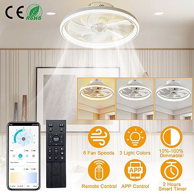 19.7" LED Ceiling Fan with 60W Light, Round Pendant Lamp, 6 Speeds, Color Adjustment, Remote & APP C