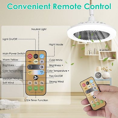 Ceiling Fan with Lights & Remote, E27 Socket, Dimmable, 3 Speeds, Timer, 9.4in Fanlight
