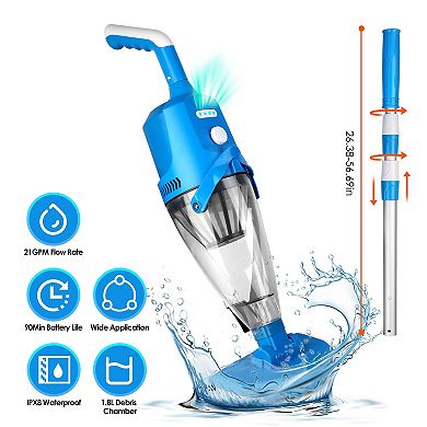 21GPM Cordless Pool Vacuum with Telescopic Pole & 90Min Rechargeable Battery