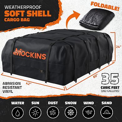 Mockins 35 Cu Ft. Black Waterproof Rooftop Cargo Bag (60"x42"x24") with Mat, Straps, Hooks