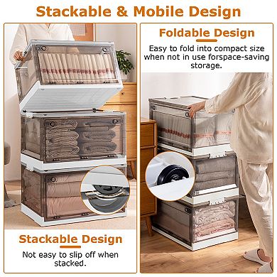 2 Pack Foldable Storage Bins Stackable Organizer Boxes with Double Doors Lid & Wheels