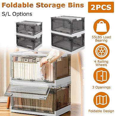 2 Pack Foldable Storage Bins Stackable Organizer Boxes with Double Doors Lid & Wheels