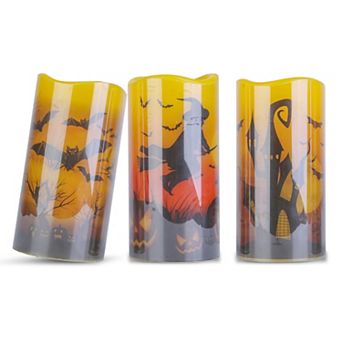 3-Pack Halloween Flameless LED Candles with Timer Orange Light, Witch, Bat & Castle Decor