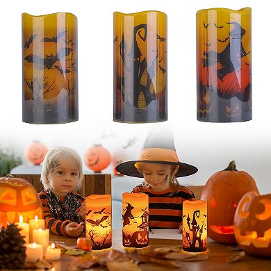 3-Pack Halloween Flameless LED Candles with Timer Orange Light, Witch, Bat & Castle Decor