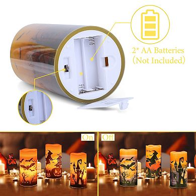3-Pack Halloween Flameless LED Candles with Timer Orange Light, Witch, Bat & Castle Decor