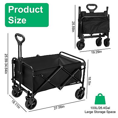 100L Folding Wagon Cart, Heavy Duty 220lbs Utility Wagon for Camping & Garden