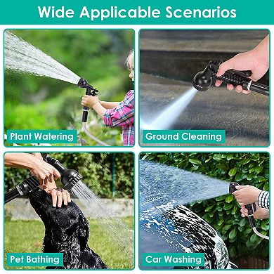 Heavy Duty 25/50/100FT Metal Garden Hose Kit with 2 Nozzles & 12 Spray Patterns