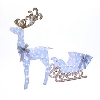 LuxenHome White Reindeer and Sleigh with Ornaments Set Outdoor Holiday Decoration with Lights