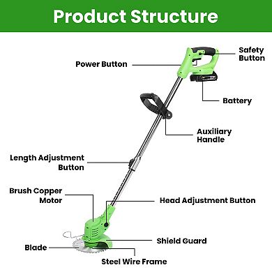 24V Cordless Grass Trimmer 300W Rechargeable Lawn Mower Weed Cutter with Saw & Blades