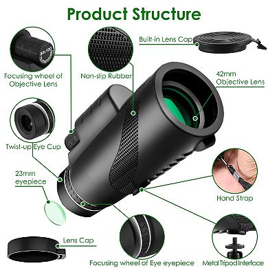 80x100 HD Monocular Telescope BAK-4 Prism High Power Scope with Phone Adapter, Tripod & Case