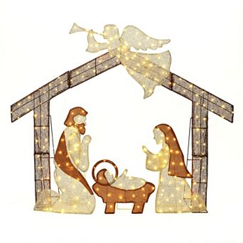 LuxenHome 5.7Ft x 4.75Ft Nativity Scene with Angel Outdoor Holiday Decoration with Lights