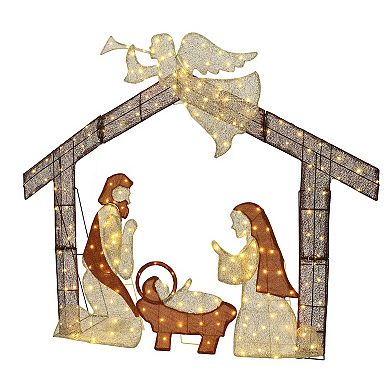 LuxenHome 5.7Ft x 4.75Ft Nativity Scene with Angel Outdoor Holiday Decoration with Lights