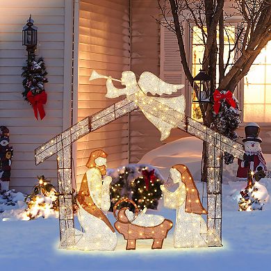LuxenHome 5.7Ft x 4.75Ft Nativity Scene with Angel Outdoor Holiday Decoration with Lights