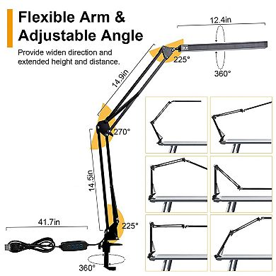 LED Desk Lamp with Clamp Adjustable Arm, 3 Light Modes, 10 Brightness Levels, 360° Head