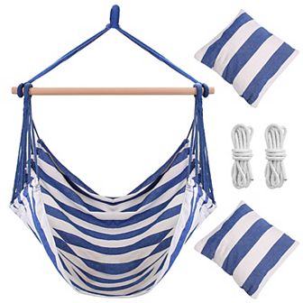 Canvas Hammock Chair Swing with Wooden Stick & 2 Pillows for Patio or Camping
