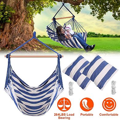 Canvas Hammock Chair Swing with Wooden Stick & 2 Pillows for Patio or Camping