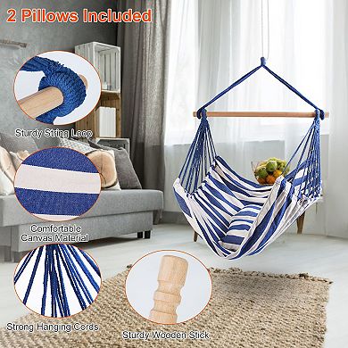 Canvas Hammock Chair Swing with Wooden Stick & 2 Pillows for Patio or Camping