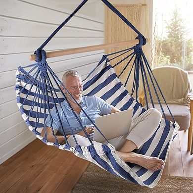 Canvas Hammock Chair Swing with Wooden Stick & 2 Pillows for Patio or Camping