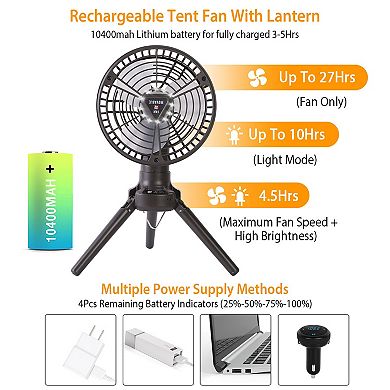 10400mAh Camping Fan with LED Light, Rechargeable Tripod Tent Fan & Lantern with 3 Brightness & 4 Sp