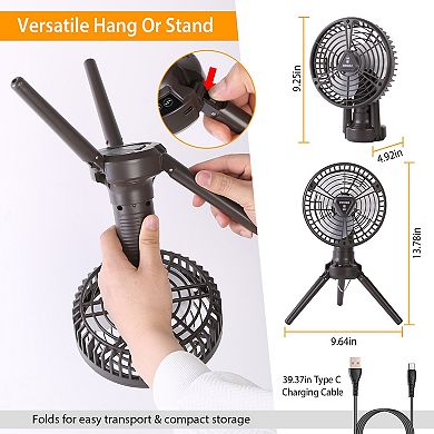 10400mAh Camping Fan with LED Light, Rechargeable Tripod Tent Fan & Lantern with 3 Brightness & 4 Sp