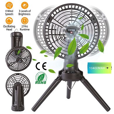 10400mAh Camping Fan with LED Light, Rechargeable Tripod Tent Fan & Lantern with 3 Brightness & 4 Sp