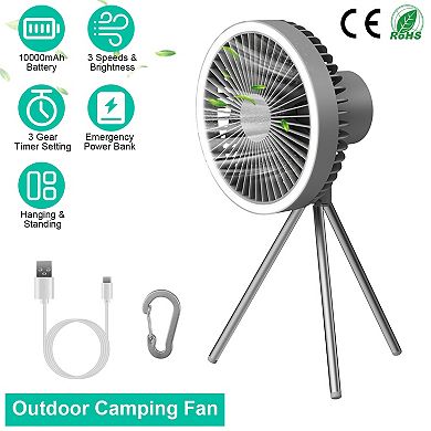Camping Fan with Lantern, 10000mAh Rechargeable Tripod Fan with Hook & Power Bank for Tent & Desk