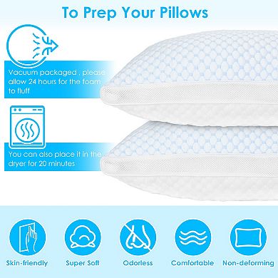 2 Pack Cooling Memory Foam Pillows Adjustable Shredded Foam Bed Pillows with Extra Filling