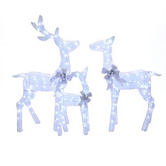 LuxenHome Set of 3 Lighted White Deer with Silver Bows, Indoor Outdoor Christmas Decoration