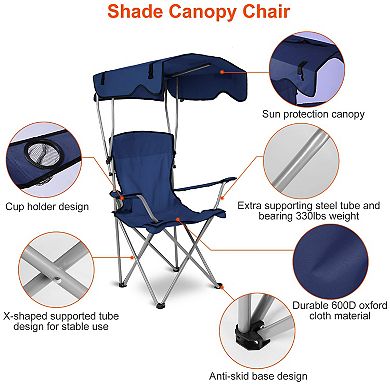 Foldable Beach Canopy Chair with Sun Shade & Cup Holder, 330lbs Load