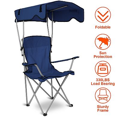 Foldable Beach Canopy Chair with Sun Shade & Cup Holder, 330lbs Load