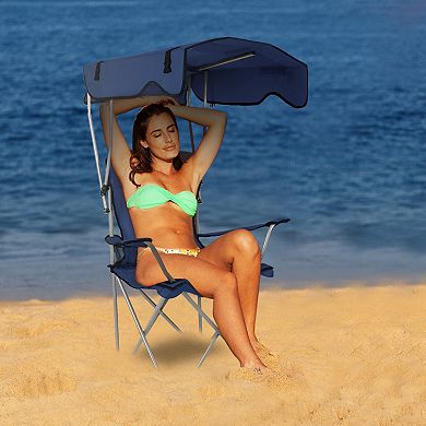 Foldable Beach Canopy Chair with Sun Shade & Cup Holder, 330lbs Load
