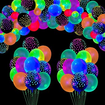 Neon Glow Balloons 106 pc UV Blacklight Reactive Polka Dot Balloons for Birthday Dance Party Decor