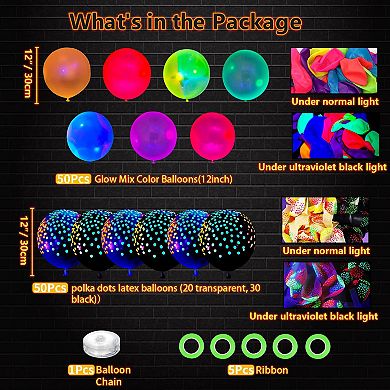 Neon Glow Balloons 106pcs UV Blacklight Reactive Polka Dot Balloons for Birthday Dance Party Decor
