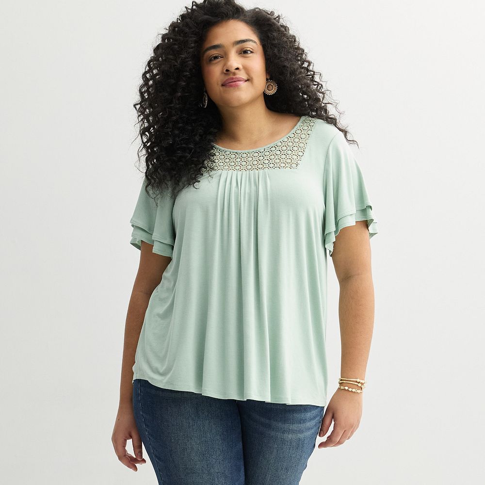 top Plus Size Apt. 9® Mix Media Crochet Pleated Top