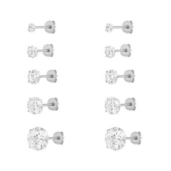 PRIMROSE Sterling Silver Cubic Zirconia 5-Pair Stud Earring Set