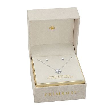 PRIMROSE Sterling Silver Cubic Zirconia Stud Earrings & Clover Necklace Set