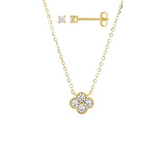 PRIMROSE Sterling Silver Cubic Zirconia Stud Earrings & Clover Necklace Set