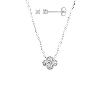 PRIMROSE Sterling Silver Cubic Zirconia Stud Earrings & Clover Necklace Set