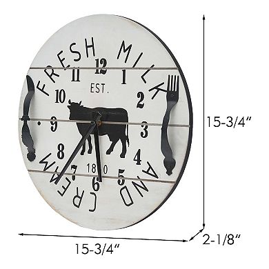 Parisloft 15.75" Farmhouse Rustic Wall Clock, Fresh Milk and Cream Wood and Metal, White and Black