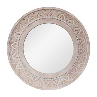 Parisloft 27.5 Inch Farmhouse Wood Circle Telescope Mirror with Carved Patterns