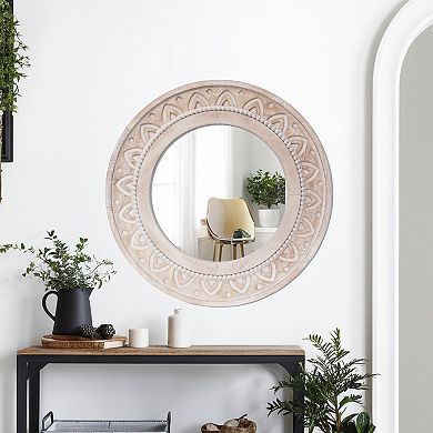 Parisloft 27.5 Inch Farmhouse Wood Circle Telescope Mirror with Carved Patterns