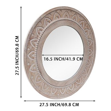 Parisloft 27.5 Inch Farmhouse Wood Circle Telescope Mirror with Carved Patterns